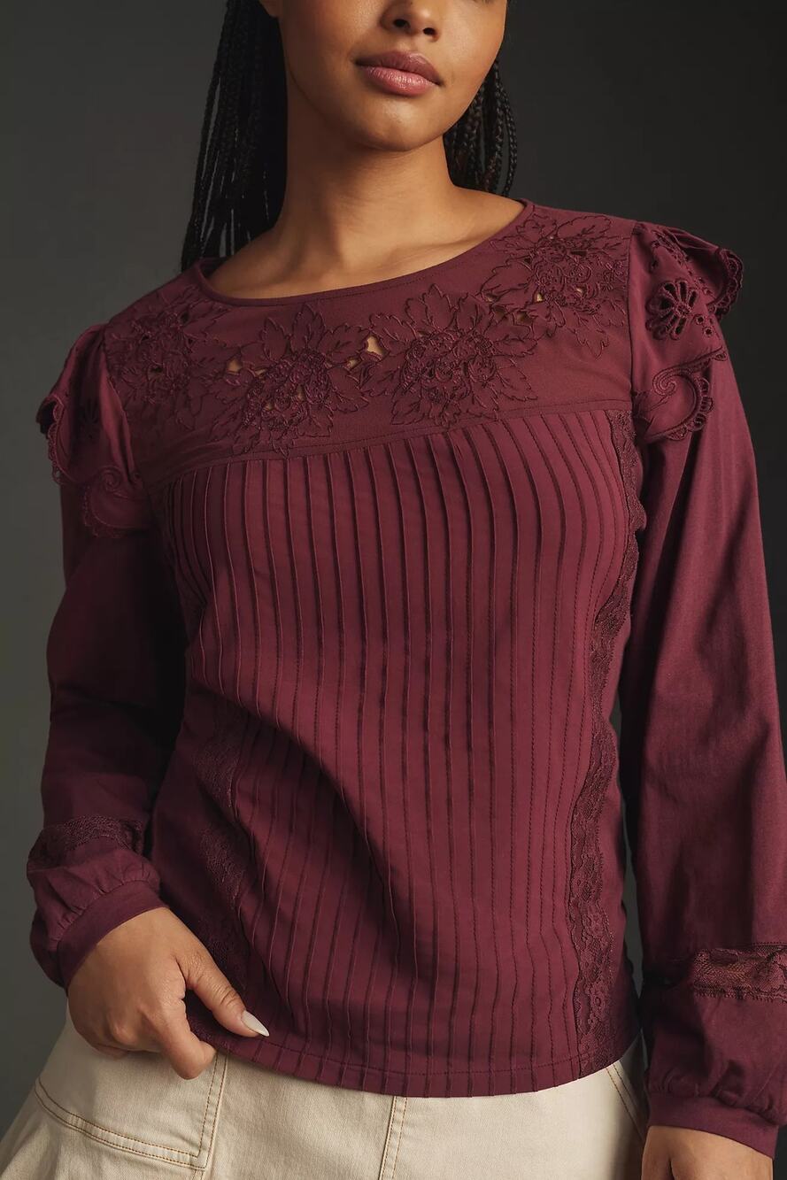 Anthropologie Tiny Burgundy Red Long-Sleeve Crescent Ruffled Lace Top S